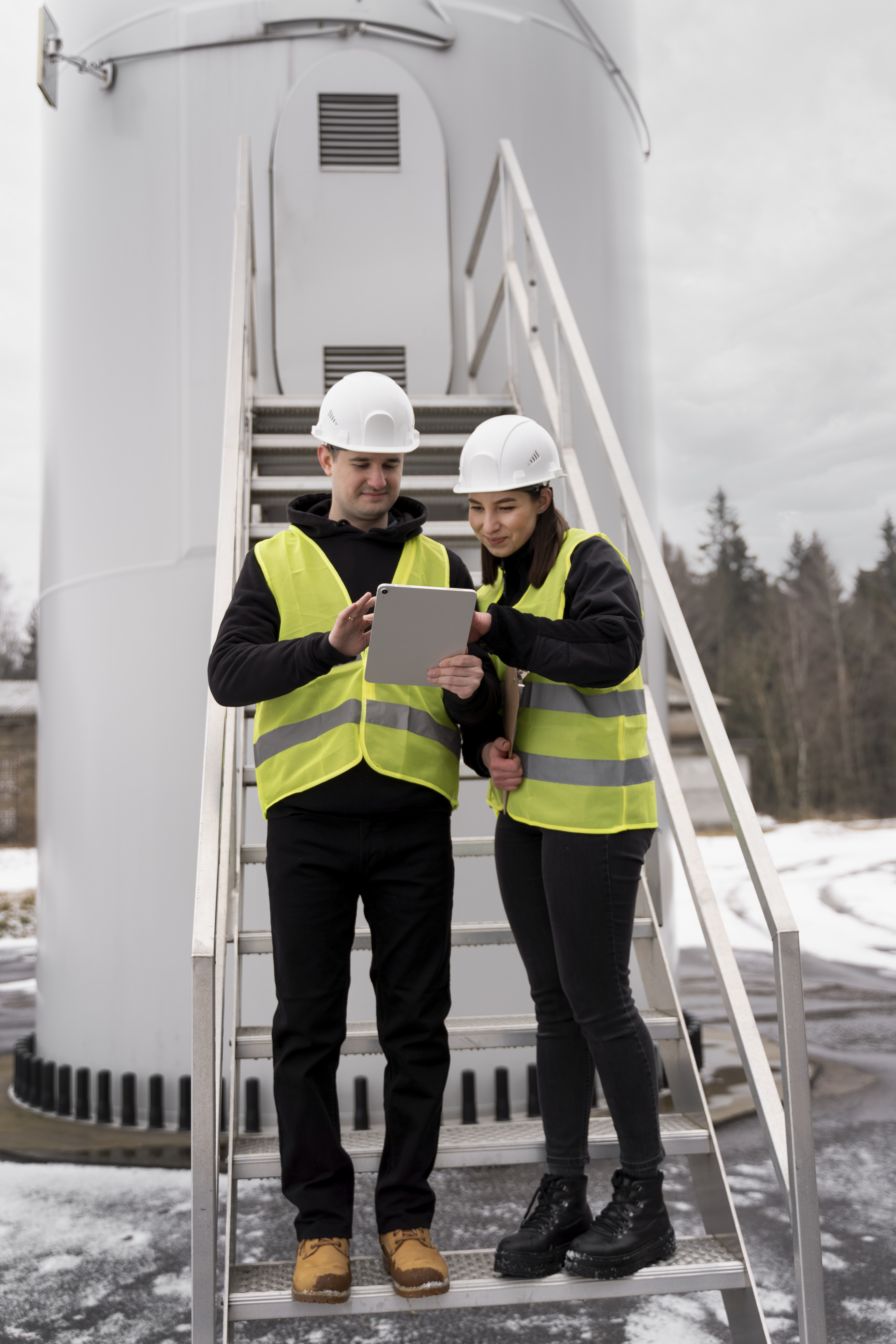 full-shot-smiley-engineers-with-tablet